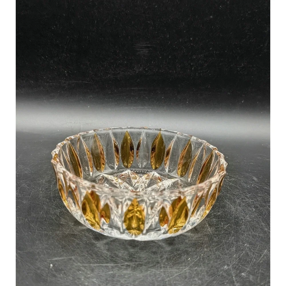 Vintage Amber Flash Cut Crystal Candy Bowl Starburst Base Scalloped Nut Dish MCM